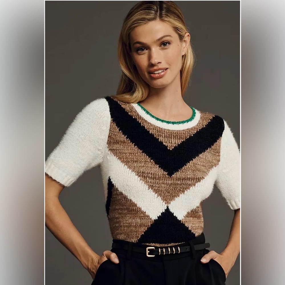 Anthropologie White and Brown Chevron Knit Top